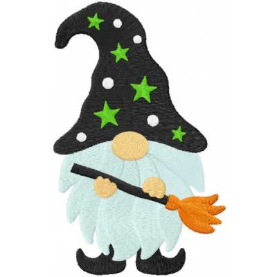 Embroidery design of a Halloween dwarf holding a broom, perfect for festive stitching projects.