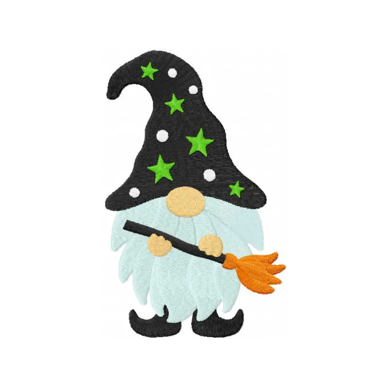 Embroidery design of a Halloween dwarf holding a broom, perfect for festive stitching projects.