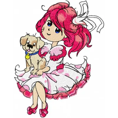 Malvina with puppy embroidery design featuring a girl and her adorable dog, perfect for children's apparel and accessories.