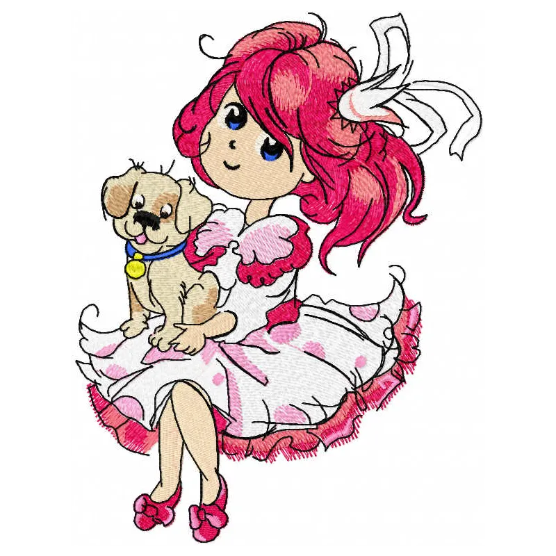 Malvina with puppy embroidery design featuring a girl and her adorable dog, perfect for children's apparel and accessories.