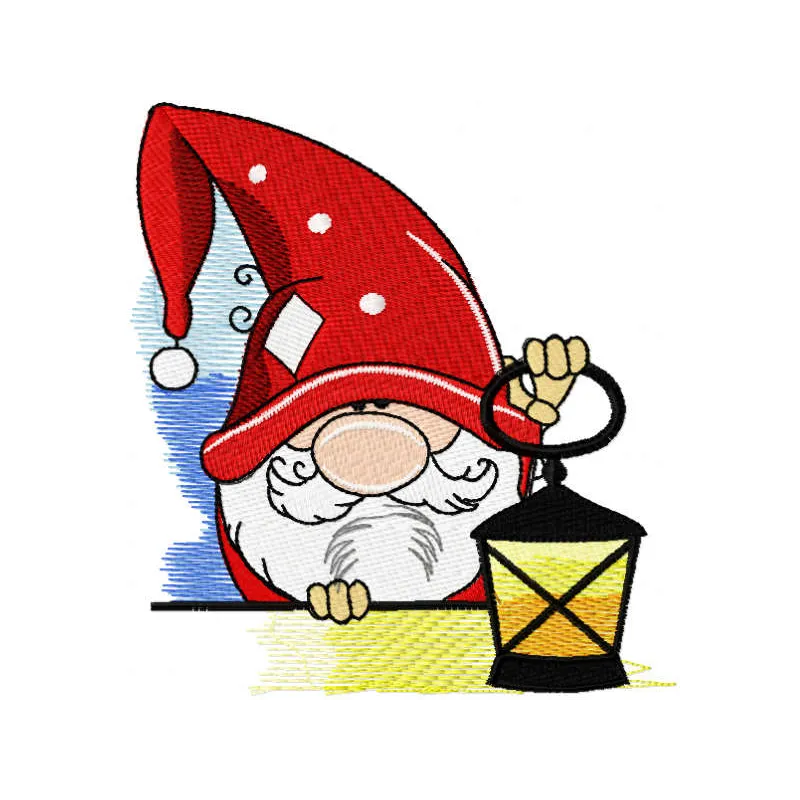 Alone gnome with lantern embroidery design, featuring a whimsical gnome perfect for Christmas projects.