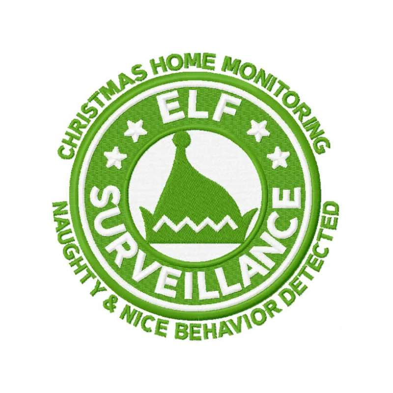 Elf surveillance embroidery design showcasing a whimsical elf character, perfect for festive Christmas projects.