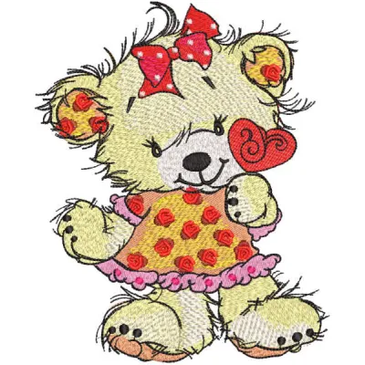 Teddy bear holding a heart-shaped lollipop embroidery design for playful stitching projects.