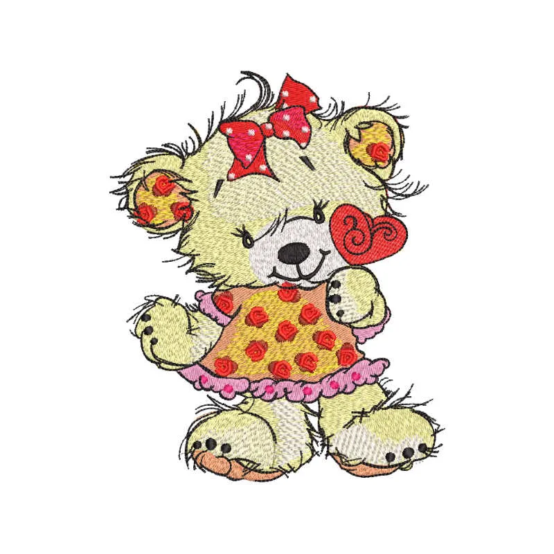 Teddy bear holding a heart-shaped lollipop embroidery design for playful stitching projects.