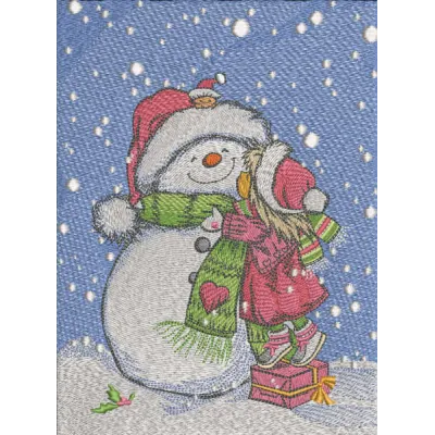 A charming embroidery design of a loving snowman, perfect for festive projects like holiday pillows and tote bags.