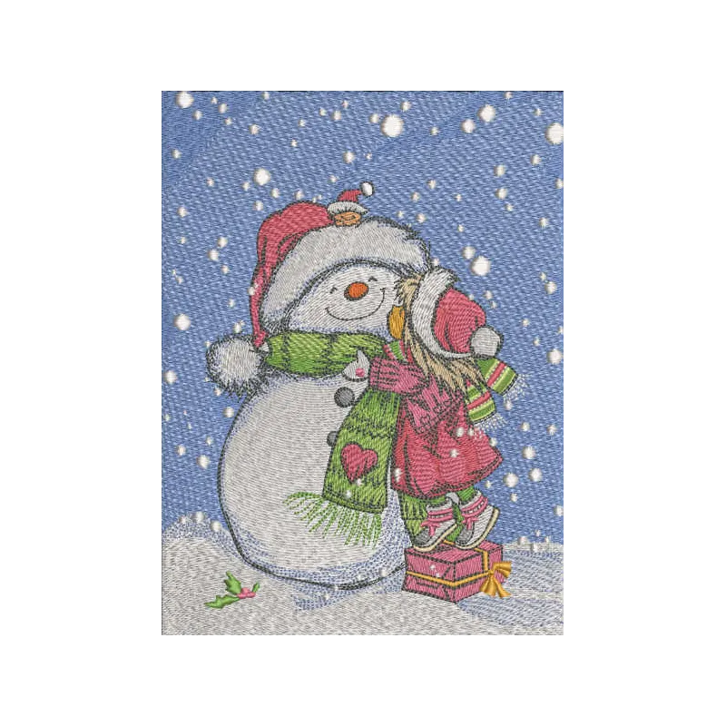 A charming embroidery design of a loving snowman, perfect for festive projects like holiday pillows and tote bags.
