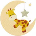 Giraffe sleeping on the moon embroidery design, featuring a whimsical giraffe resting on a crescent moon.