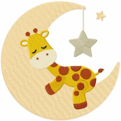 Giraffe sleeping on the moon embroidery design, featuring a whimsical giraffe resting on a crescent moon.