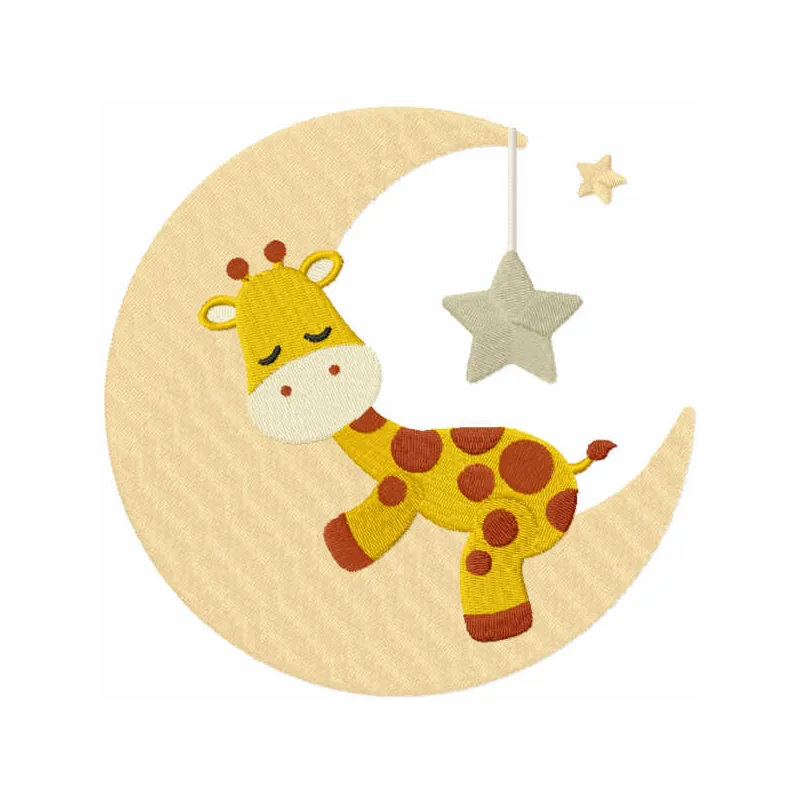 Giraffe sleeping on the moon embroidery design, featuring a whimsical giraffe resting on a crescent moon.