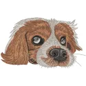 Embroidered design of a sad dog waiting for its owner, ideal for decorating t-shirts, hoodies, or tote bags.
