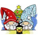 Embroidery design featuring two Christmas dwarves holding a lantern, perfect for festive stitching projects.