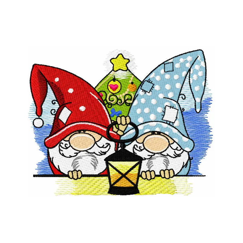 Embroidery design featuring two Christmas dwarves holding a lantern, perfect for festive stitching projects.