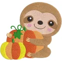 Embroidery design featuring a sloth surrounded by pumpkins, perfect for fall-themed projects and gifts.