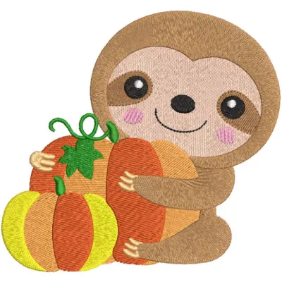 Embroidery design featuring a sloth surrounded by pumpkins, perfect for fall-themed projects and gifts.