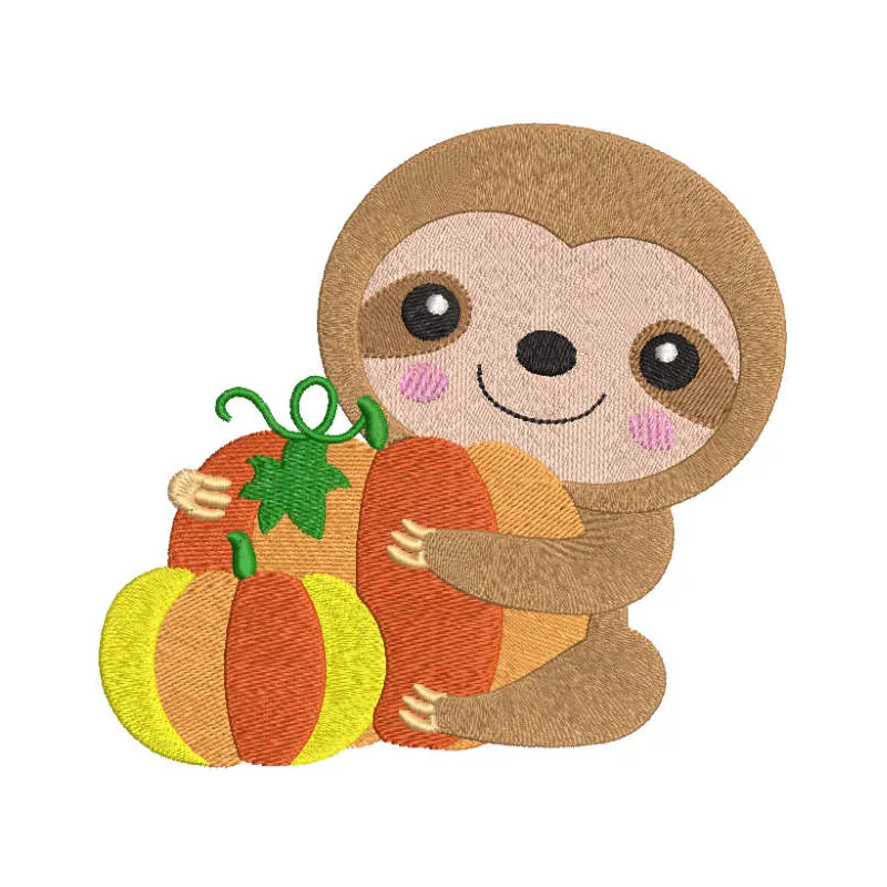 Embroidery design featuring a sloth surrounded by pumpkins, perfect for fall-themed projects and gifts.
