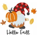 Hello fall gnome embroidery design featuring a whimsical gnome surrounded by autumn leaves and pumpkins.