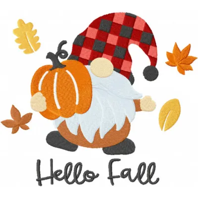 Hello fall gnome embroidery design featuring a whimsical gnome surrounded by autumn leaves and pumpkins.