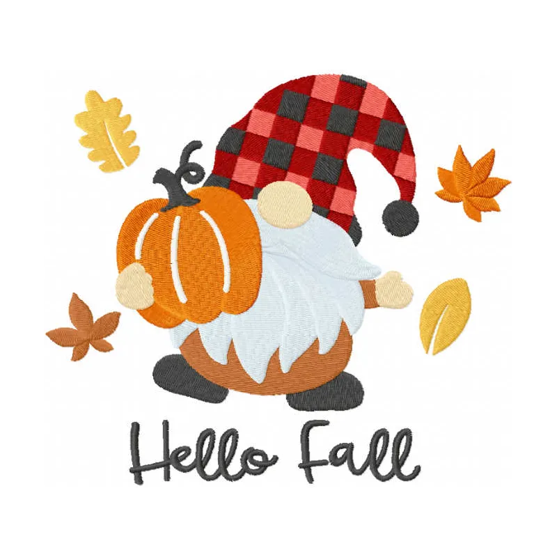 Hello fall gnome embroidery design featuring a whimsical gnome surrounded by autumn leaves and pumpkins.