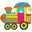 Baby toy train embroidery design featuring a colorful locomotive, ideal for stitching on baby blankets or onesies.