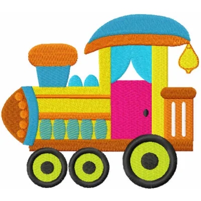 Baby toy train embroidery design featuring a colorful locomotive, ideal for stitching on baby blankets or onesies.
