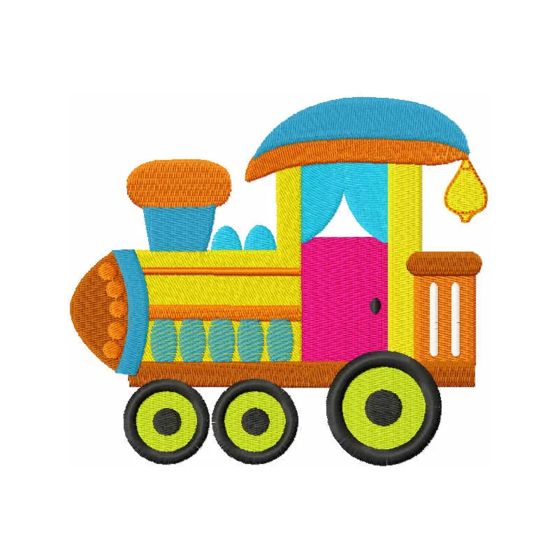 Baby toy train embroidery design featuring a colorful locomotive, ideal for stitching on baby blankets or onesies.