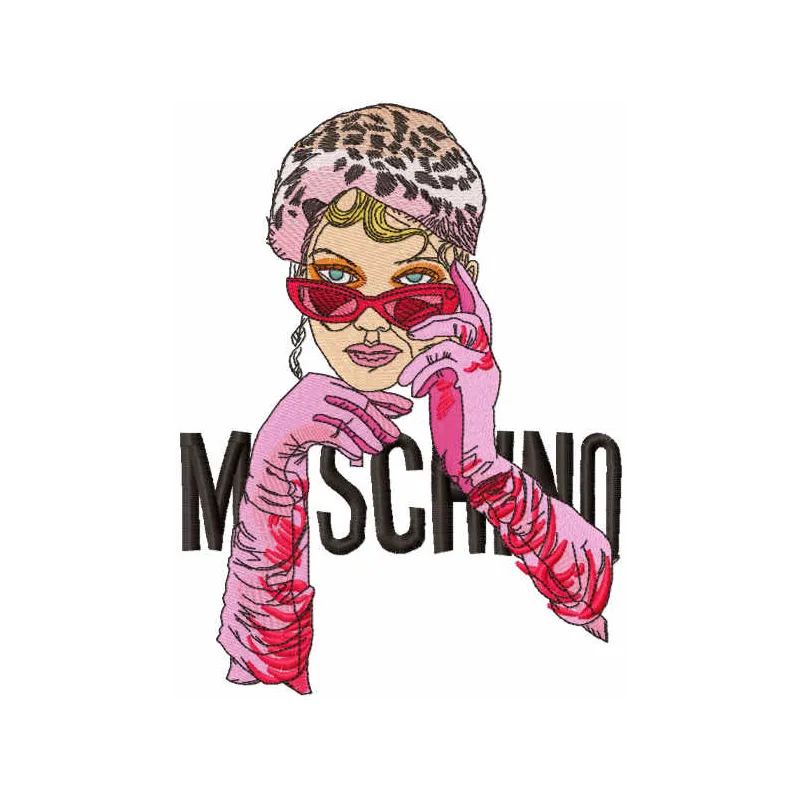 Moschino girl embroidery design preview showcasing a stylish stitched motif for girls' apparel.