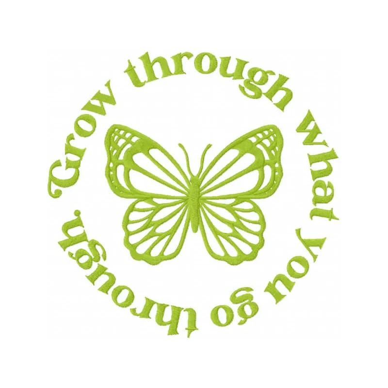 Preview of 'Grow through what you go through' embroidery design featuring vibrant butterflies.