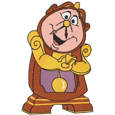 Cogsworth embroidery design inspired by Beauty and the Beast, showcasing detailed stitching patterns for fabric projects.