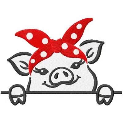 Embroidery design of a cute little pig wearing a red bandana, ideal for farm-themed projects or children's clothing.