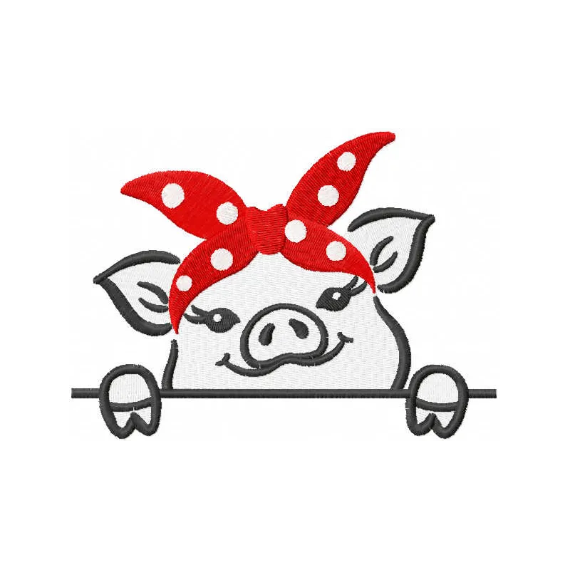 Embroidery design of a cute little pig wearing a red bandana, ideal for farm-themed projects or children's clothing.