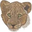 Lion cub with striking green eyes embroidery design, showcasing intricate stitching patterns for creative projects.