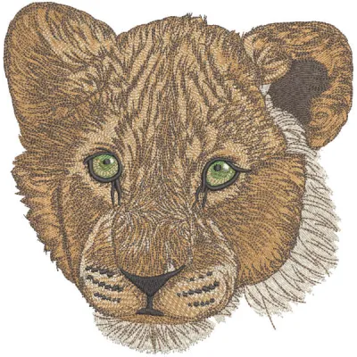 Lion cub with striking green eyes embroidery design, showcasing intricate stitching patterns for creative projects.