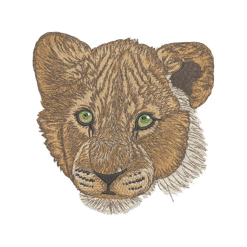 Lion cub with striking green eyes embroidery design, showcasing intricate stitching patterns for creative projects.