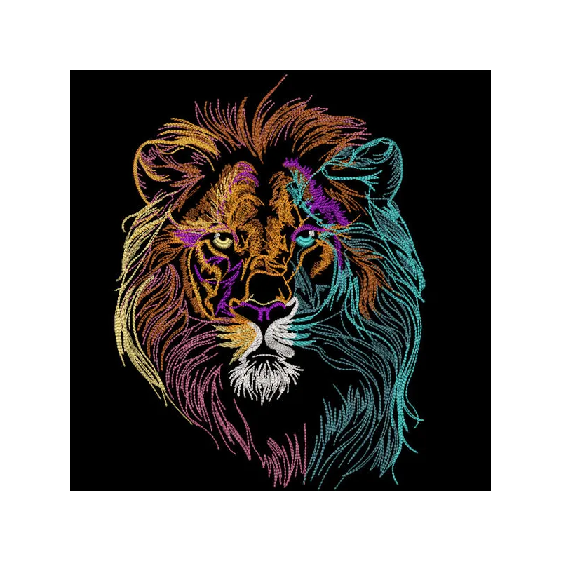 Fluffy rainbow lion head embroidery design on black background, showcasing vibrant stitching patterns for creative projects.