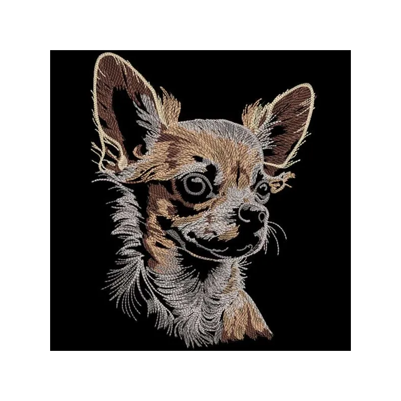Chihuahua embroidery design on a black background, showcasing intricate stitching patterns for dog lovers.