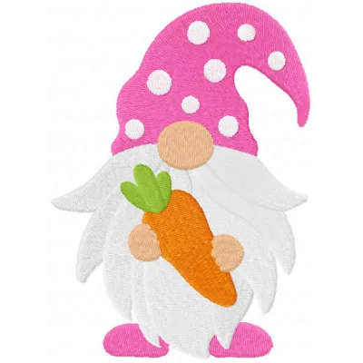 Easter gnome with carrot embroidery design, showcasing a whimsical motif for festive stitching projects.