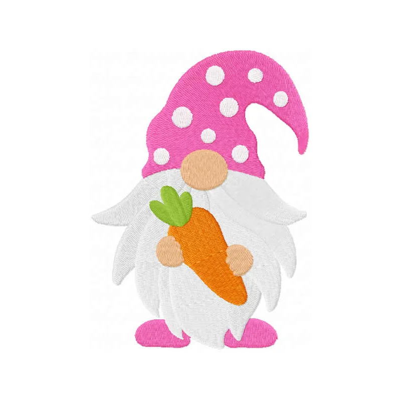 Easter gnome with carrot embroidery design, showcasing a whimsical motif for festive stitching projects.