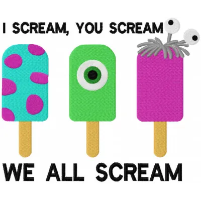 Preview of the 'I Scream You Scream We All Scream' embroidery design featuring playful Monster Inc characters.