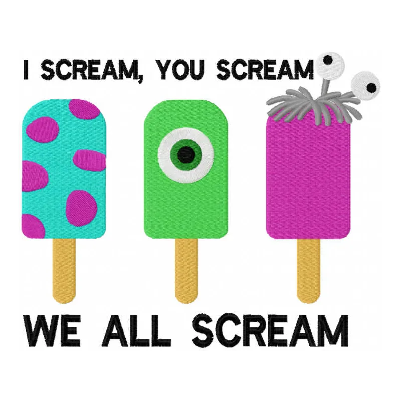 Preview of the 'I Scream You Scream We All Scream' embroidery design featuring playful Monster Inc characters.