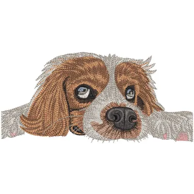 Embroidery design of a bored dog waiting for its owner, showcasing a whimsical stitched motif.