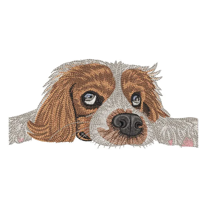 Embroidery design of a bored dog waiting for its owner, showcasing a whimsical stitched motif.