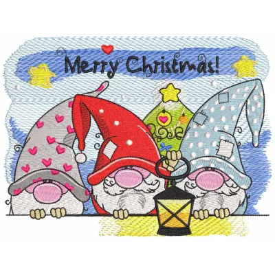 Merry Christmas gnomes embroidery design featuring cheerful gnome motifs for festive stitching projects.
