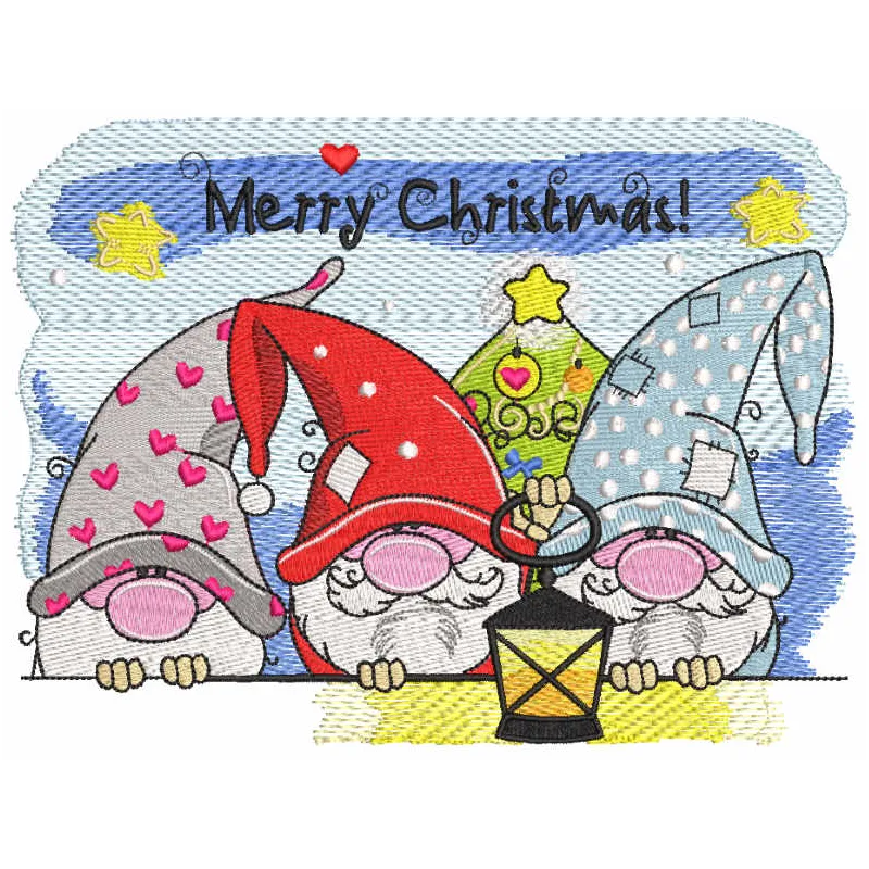 Merry Christmas gnomes embroidery design featuring cheerful gnome motifs for festive stitching projects.