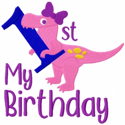T-rex first birthday embroidery design featuring a playful dinosaur motif suitable for baby clothing and accessories.