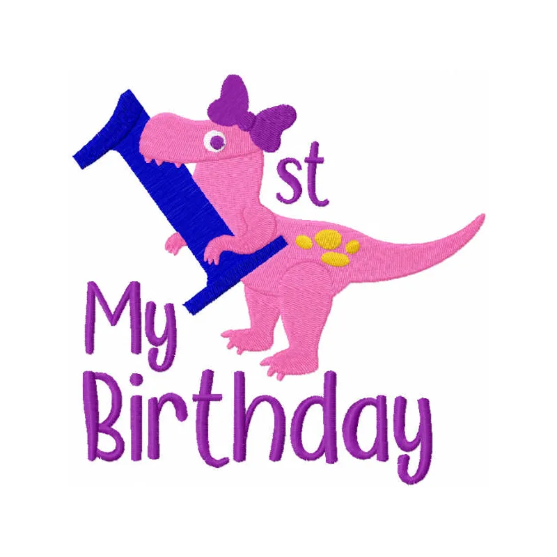 T-rex first birthday embroidery design featuring a playful dinosaur motif suitable for baby clothing and accessories.