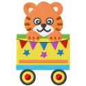 Embroidery design featuring a playful tiger on a train, perfect for stitching on children's clothing or toys.