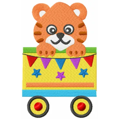 Embroidery design featuring a playful tiger on a train, perfect for stitching on children's clothing or toys.