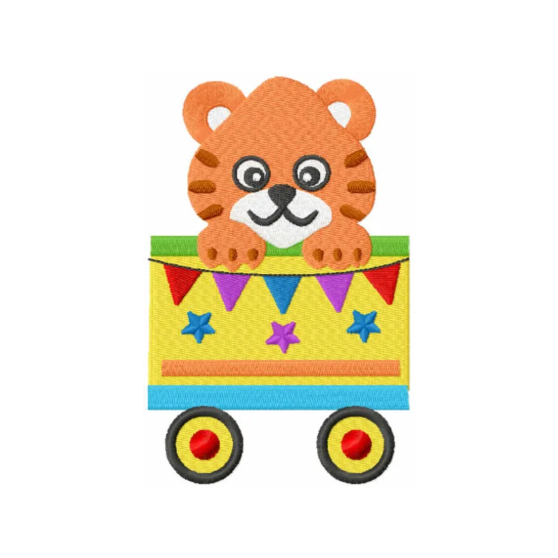 Embroidery design featuring a playful tiger on a train, perfect for stitching on children's clothing or toys.