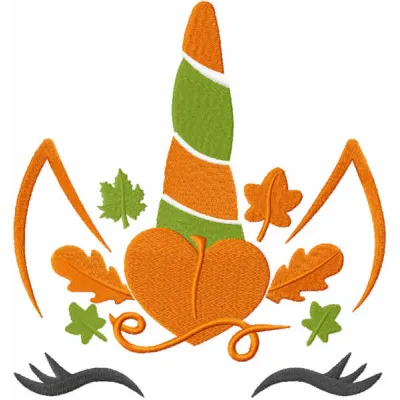 Autumn unicorn embroidery design showcasing a whimsical unicorn surrounded by fall leaves and colors.