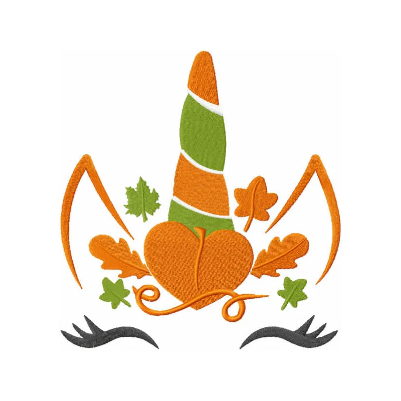 Autumn unicorn embroidery design showcasing a whimsical unicorn surrounded by fall leaves and colors.